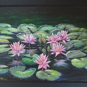 Original lily pad oil painting, framed painting, pond painting, gift art, house gift, nature painting, landscape painting,lily pond art