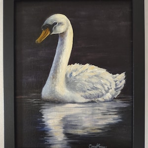 Original swan painting, oil on canvas, framed wildlife wall decor, nature themed art, house warming gift, swan lovers gift