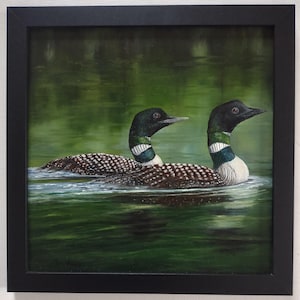 Original Loon oil painting, framed wildlife painting, waterfowl pond landscape, bird watchers gift, loon lovers wall art, nature decor