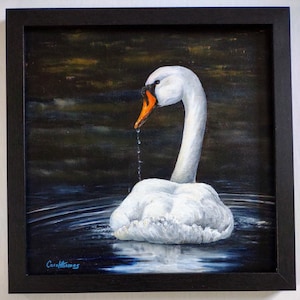 Original swan painting, framed oil on canvas, nature wildlife painting, swan theme decor, waterfowl bird art, pond scene landscape