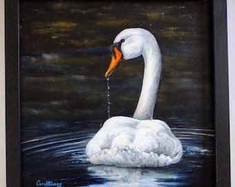 Original Swan Oil Painting,  Framed Wildlife Art, 10x10, waterfowl pond scene picture, nature lovers decor gift