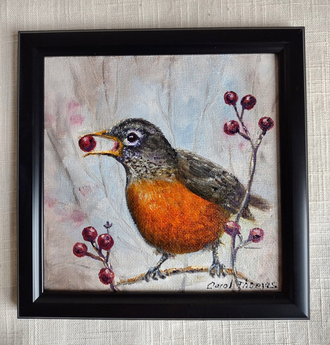 Original Mini 5x5 Oil Painting Robin Painting Bird Painting Nature Art