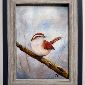 0riginal wren painting, oil on canvas, wild bird painting, nature themed decor,bird lovers gift, small framed painting, wildlife painting