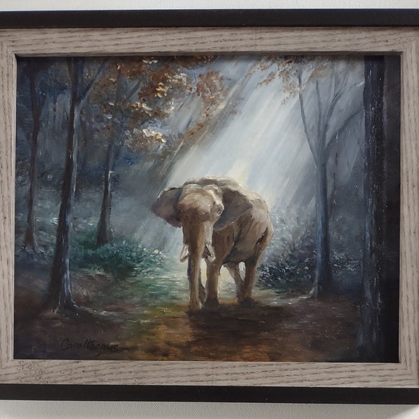 Elephant original oil painting, framed oil on canvas, wildlife animal art, light beam in the forest painting, woodland landscape painting