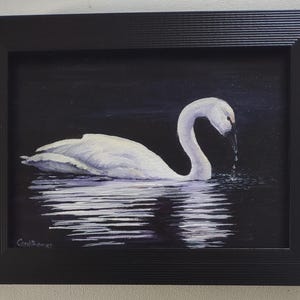 Original swan oil painting, trumpeter swan art, wildlife painting,pond scene , small framed painting, nature art gift