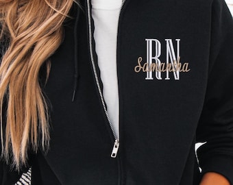 RN Zip Hoodie Personalized Nurse Full Zip Hooded Sweatshirt with Custom Name Embroidered Gift for Healthcare Workers Nurse Graduation Gift