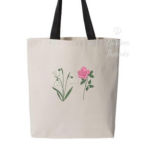 Canvas Tote Bag Custom Birth Month Flower Embroidered birth month flower canvas tote bag with Contrast-Colour Handles Heavy Canvas Tote