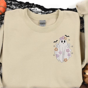 Sweat-shirt brodé fantôme mignon, sweat-shirt fantôme Halloween brodé, sweat-shirt automne, sweat-shirt Halloween mignon