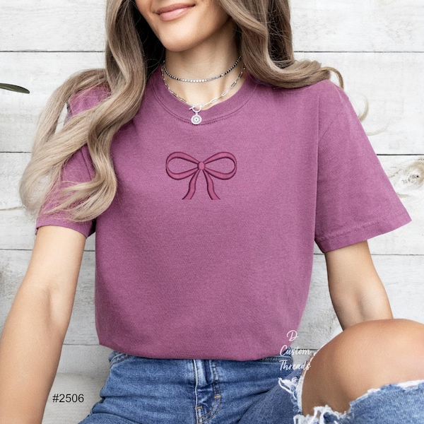 Bow Embroidered T-Shirt Comfort Colors Custom Color Bow Embroidered Tee Cute Ribbon Embroidered Shirt Bow Ribbon Trendy Shirts