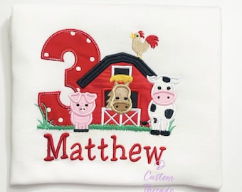 Embroidered Farm Animals 3rd Birthday Shirt, Personalized Barnyard Tee