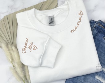 Mama Sweatshirt Custom Embroidered Sweater with Son Daughter Names on the sleeve Personalized Gift for Mom personalized Gift for mom