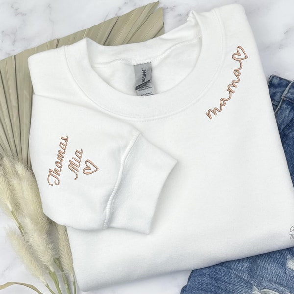 Mama Sweatshirt Custom Embroidered Sweater with Son Daughter Names on the sleeve Personalized Gift for Mom personalized Gift for mom