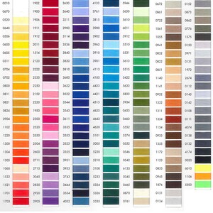 May include: A thread color chart titled Thread Colors featuring seven vertical columns of numbered color swatches. The chart displays a wide spectrum of hues including yellows, reds, pinks, purples, blues, greens, browns, grays, and blacks.