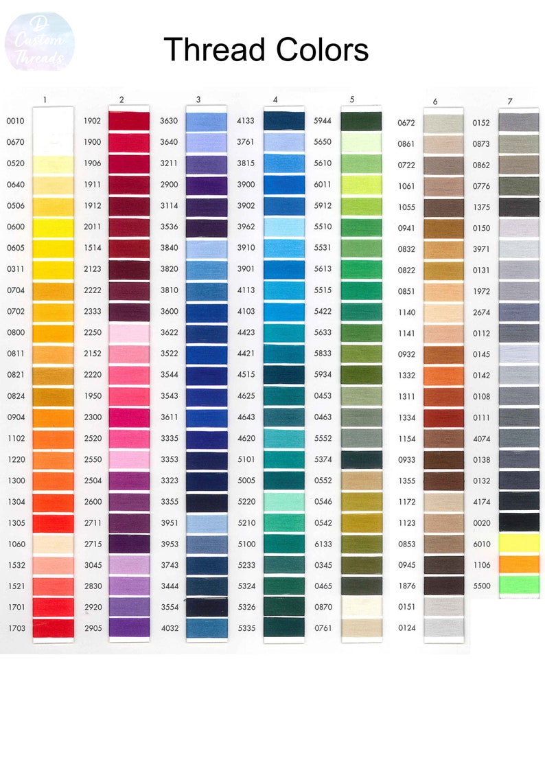 May include: A thread color chart titled Thread Colors featuring seven vertical columns of numbered color swatches. The chart displays a wide spectrum of hues including yellows, reds, pinks, purples, blues, greens, browns, grays, and blacks.