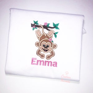 Personalized Cute Monkey Onesie with name Shirt for toddler Zoo Baby Monkey Hanging Branch Embroidered Shirt