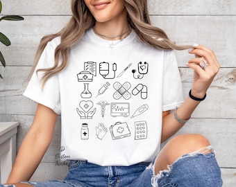 Medical Doodle T-Shirt Printed Nurse Doodle Shirt Medical Icon Shirt Comfort Colors - Garment-Dyed Heavyweight T-Shirt Gift for Nurse