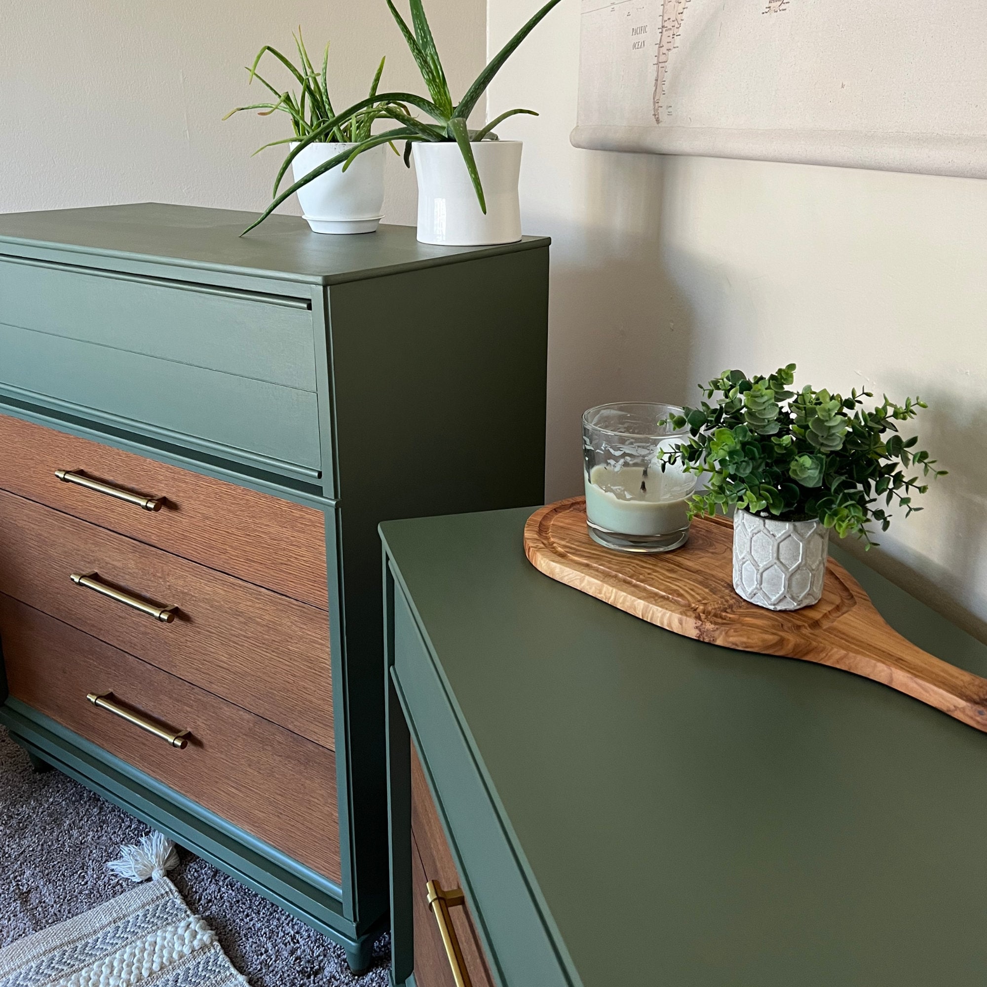 Mid Century Dark Green Dresser With Gold Painted Metal Hardware