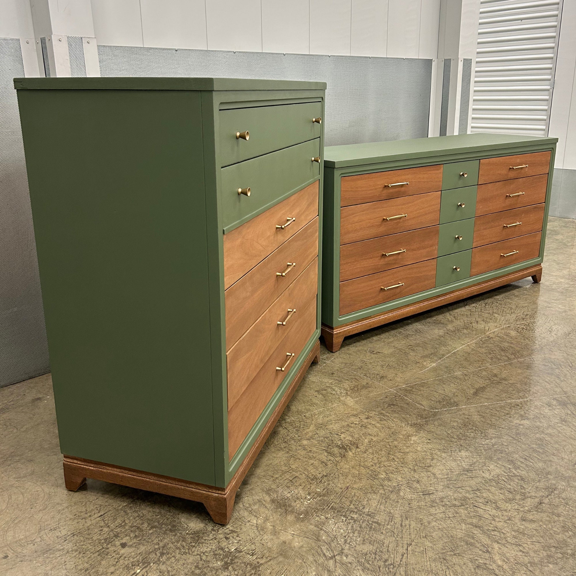 green and brown dresser This pretty MCM dresser is available for $350. It's been refinished Bayberry Green with stained drawers and gold hardware. 40.5W x 18.5D x 34H SOLD Delivery Available Custom refinishing available