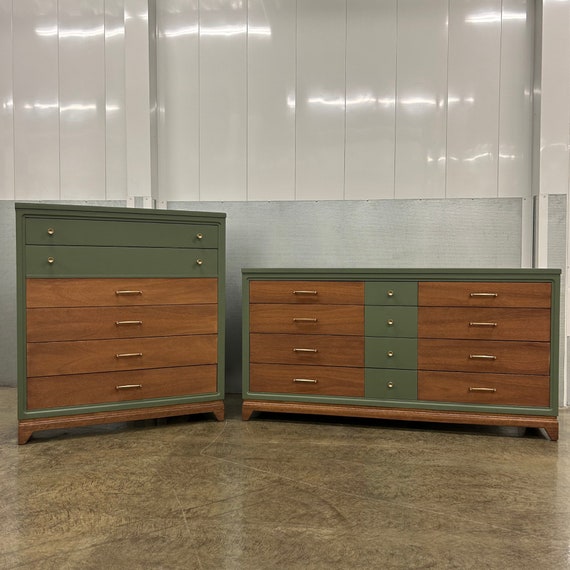 SOLD | Mid Century Modern Green/walnut Dresser Set - Etsy Israel
