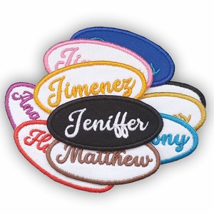 May include: A collection of colourful oval-shaped fabric patches with embroidered names, including "Ana", "Jimenez", "Jeniffer", and "Matthew".