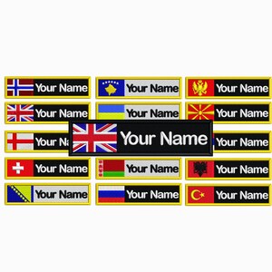 Puede incluir: Parches rectangulares con varias banderas nacionales y el texto "Your Name" en blanco. Los parches tienen un fondo negro y un borde amarillo. Las banderas incluyen el Reino Unido, Suiza y otros países.