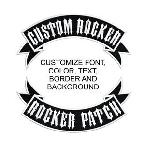 Può includere: Toppa da rocker personalizzata in bianco e nero con il testo "CUSTOM ROCKER" in alto e "ROCKER PATCH" in basso. Personalizza il font, il colore, il testo, il bordo e lo sfondo.