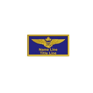 Puede incluir: Un parche rectangular azul bordado con un borde dorado. Centrado en la parte superior hay una insignia de aviador naval bordada en oro con alas, un ancla y un escudo. Debajo de la insignia, el texto dice Name Line y Title Line.