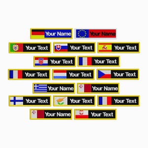 Puede incluir: Parches bordados con banderas nacionales, incluyendo Alemania, la Unión Europea, Portugal, Eslovaquia, España, Croacia, Francia, Países Bajos y República Checa. Cada parche tiene un borde dorado y espacio para texto personalizado.