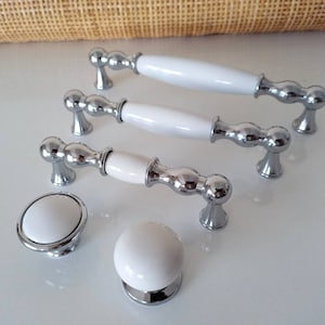 White Drawer Knobs and Pulls 3.75&quot; 5&quot; 6.3&quot; 7.5&quot; Chrome and White Dresser Pulls, White Cabinet Knobs and Pulls, Farmhouse Knobs and Pulls