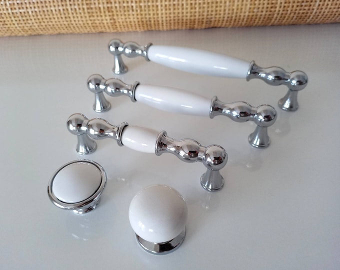 White Drawer Knobs and Pulls 3.75" 5" 6.3" 7.5" Chrome and White Dresser Pulls, White Cabinet Knobs and Pulls, Farmhouse Knobs and Pulls