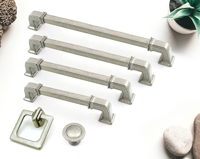 Antique Silver Pulls 5" 6.3 7.5 8.8", 128-224mm, Long Pulls, Cabinet Pull Handles, Cabinet Hardware, Farmhouse Knobs and Pulls, Pewter Pulls