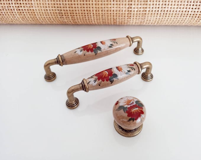 Floral Cabinet Pull 3.78" 5" Vintage Style Matching Porcelain Knobs and Pulls, Farmhouse Knobs and Pulls, Cabinet Pulls, Drawer Pulls