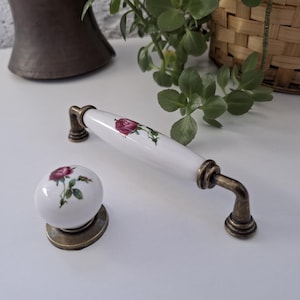 Chrome Floral Porcelain Knobs and Pulls: Farmhouse Cabinet Hardware