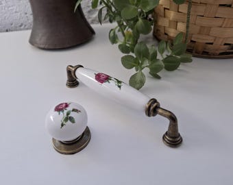 Chrome Floral Porcelain Knobs and Pulls: Farmhouse Cabinet Hardware