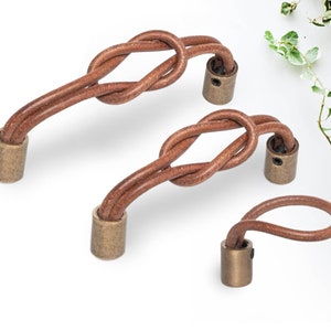 Leather Pulls Handles 3" 3.75" 5" 96 128mm Vegan Leather Pulls, Boho Dresser Pulls Knotted Faux Leather Pull Handles, Boho Drawer Pulls