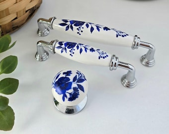 Blue Floral Porcelain Cabinet Knob or Pull: Vintage Farmhouse Style
