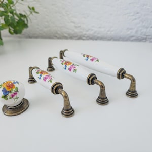 Floral Porcelain Cabinet Knob or Pull: Antique Bronze, Vintage Style