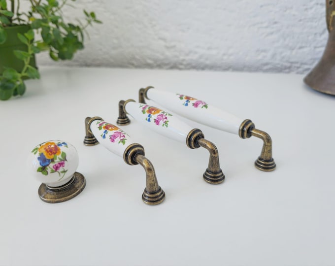 Floral Porcelain Cabinet Knob or Pull: Antique Bronze, Vintage Style