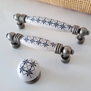 Antique Silver Pulls 96 128 3.75&quot; 5&quot; Vintage Matching Porcelain Drawer Pulls Cupboard Pulls Cabinet Pulls Farmhouse Kitchen Knobs Hardware