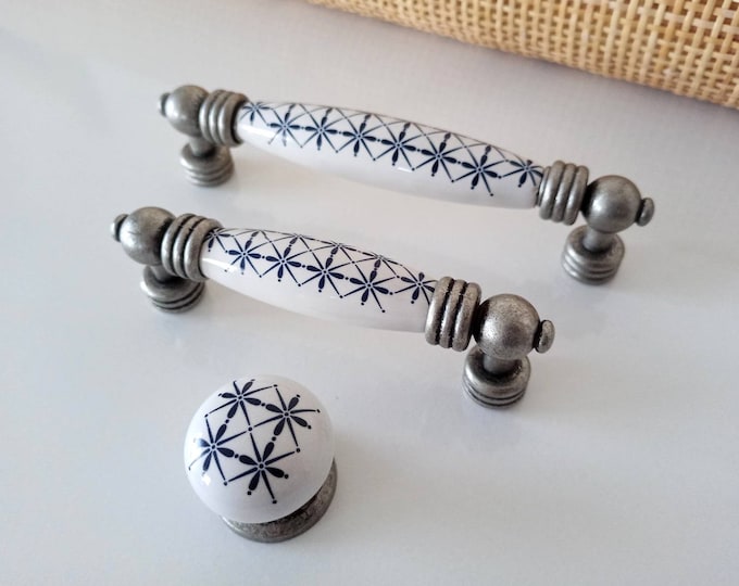 Antique Silver Pulls 96 128 3.75" 5" Vintage Matching Porcelain Drawer Pulls Cupboard Pulls Cabinet Pulls Farmhouse Kitchen Knobs Hardware