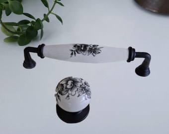 Black Floral Porcelain Pull and Knob: Farmhouse Dresser Drawer Pull