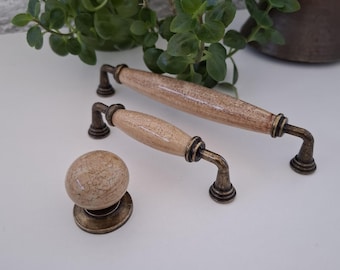 Antique Beige Crackle Porcelain Drawer Pull - Tan Tabac Bronze Cabinet Handle