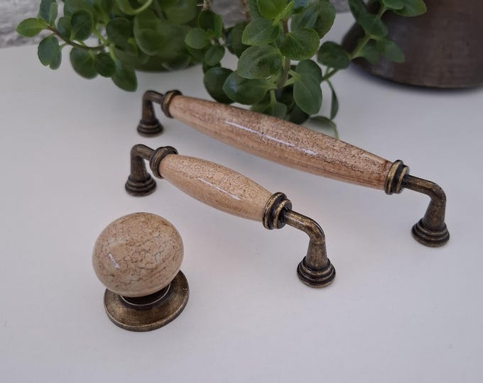Antique Beige Crackle Porcelain Drawer Pull - Tan Tabac Bronze Cabinet Handle
