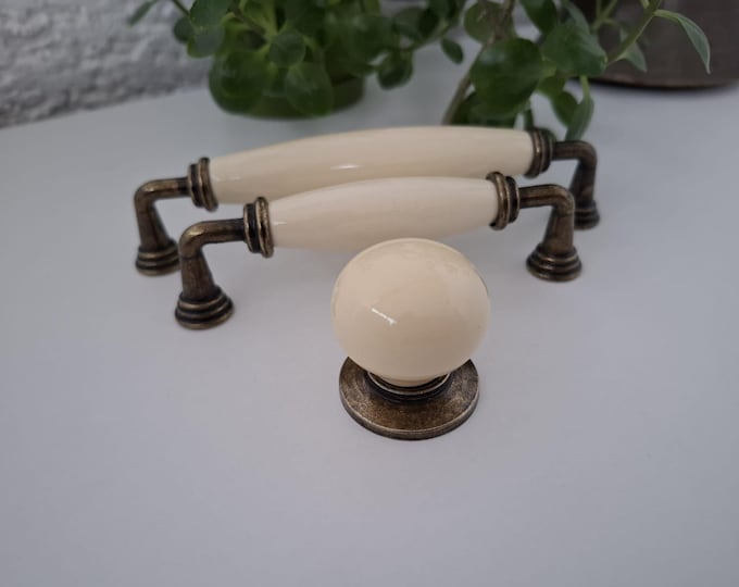 Cream Porcelain Cabinet Knob: Antique Bronze Vintage Farmhouse Dresser Pull