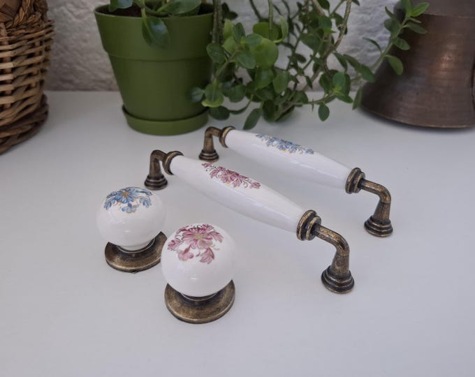 Pink or Blue Floral Porcelain Knobs and Pulls: Chrome Farmhouse Decor