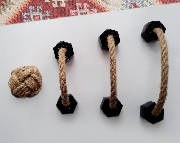 Rustic Rope Pulls, Natural Jute Rope Handles, Farmhouse Knobs and Pulls, Rustic Drawer Pulls, Jute Rope Knob, Black Hardware, Hexagon Pulls