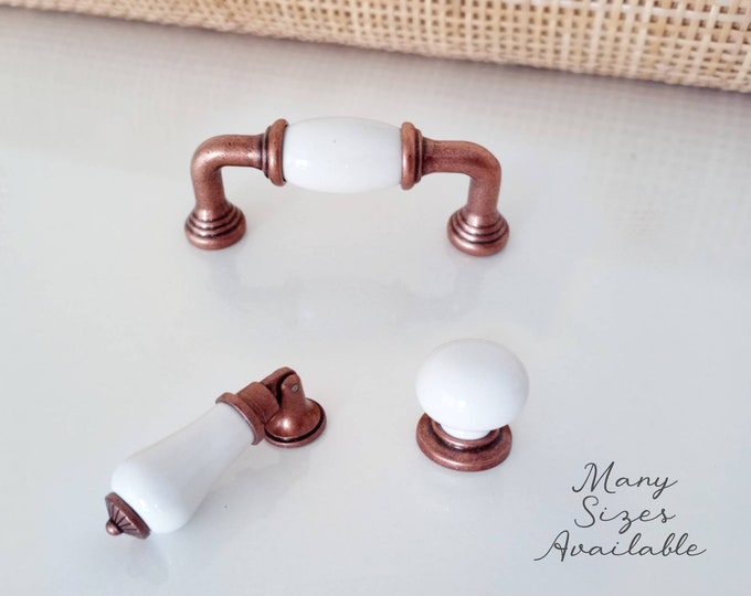 White Drawer Pulls, 2.5" 3.75" 5" 6.3" White Porcelain and Antique Copper Cabinet Knobs and Pulls, Farmhouse Knobs and Pulls