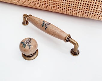 Vintage Floral Porcelain Knobs and Pulls: Beige Crackle, Antique Bronze