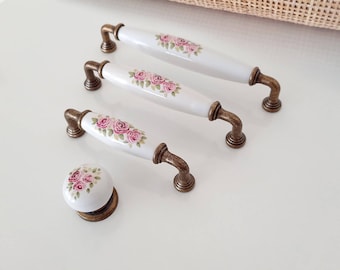 Floral Cabinet Knobs Pulls Vintage Style Matching Knobs and Pulls 96 128 160 3.78" 5" 6.3" Antique Bronze Porcelain Knobs Pulls Handles