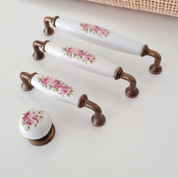 Floral Cabinet Knobs Pulls Vintage Style Matching Knobs and Pulls 96 128 160 3.78" 5" 6.3" Antique Bronze Porcelain Knobs Pulls Handles